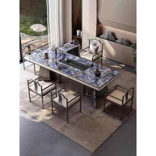 奢石岩板茶台桌现代简约茶桌椅组合办公室多功能式泡茶桌茶台绢花