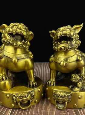 黄铜古玩铜器铜狮子一对站鼓铜狮收藏摆件礼品