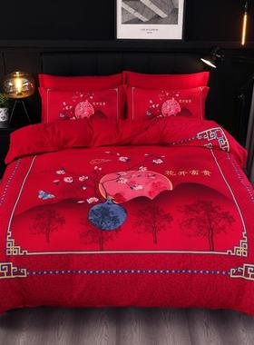 新款嫁婚庆大版花床BMG上婚四套件套水洗磨毛红色结陪床单被大4件