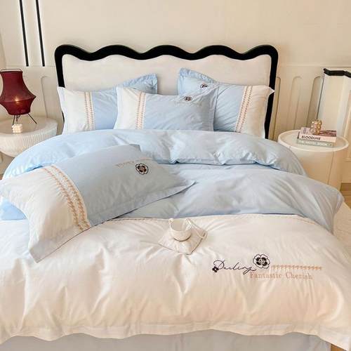 千鸟格茶刺绣床单款轻奢刺山裸睡被套床单山茶花全棉绣四件套