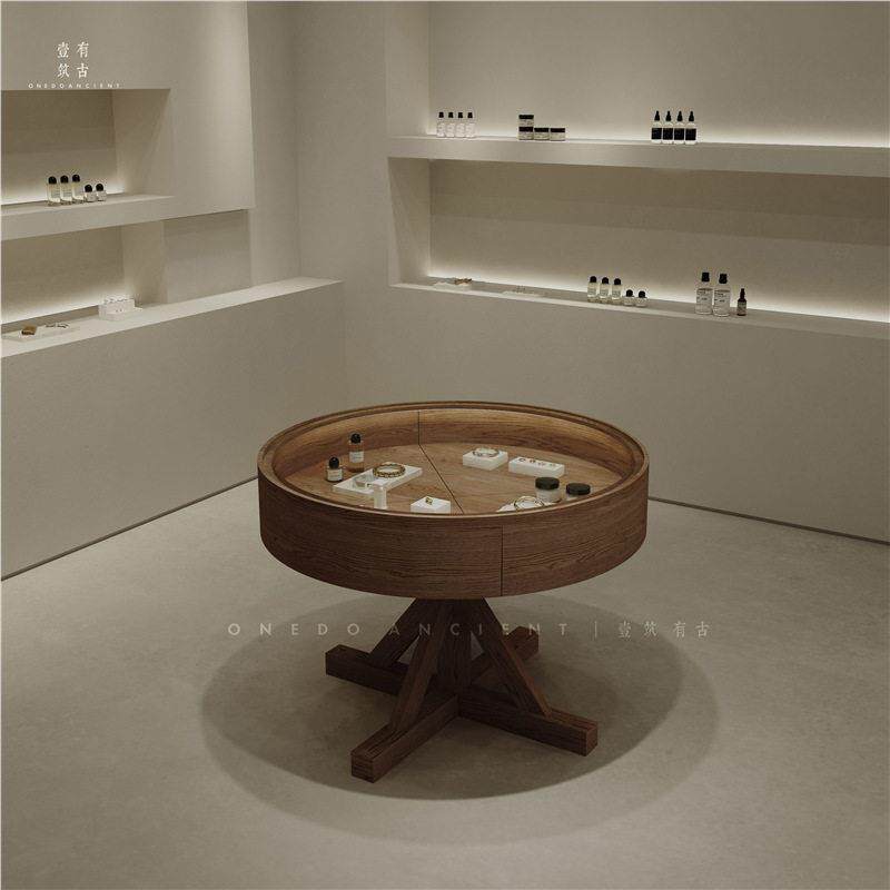 圆形带抽屉多功能首饰品珠展厅可移动玻璃展示柜台中岛台展示台