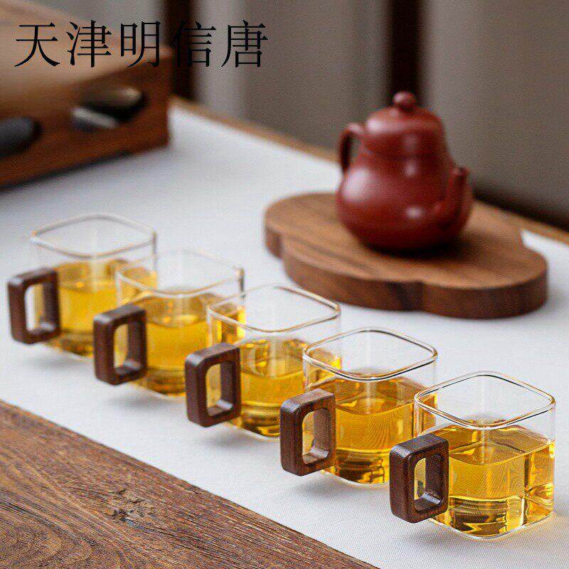 明信唐木把品茗杯高硼硅耐热玻璃高透家用办公主人杯喝茶小茶杯