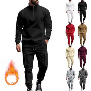 Men's Casual Fleece Lined Zipper Work Pants Set Thick Fabric