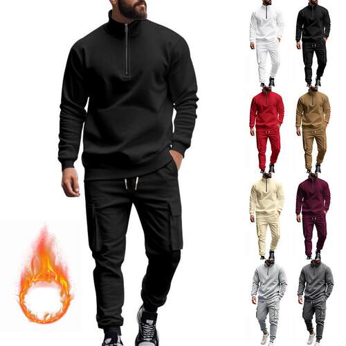 Men's Casual Fleece Lined Zipper Work Pants Set Thick Fabric