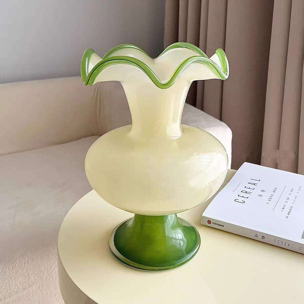 现代花瓶简约中古奶油复古玻璃插花器摆件客厅家居