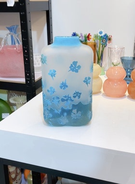 外贸手工蓝色玻璃花瓶上新高27口3*6