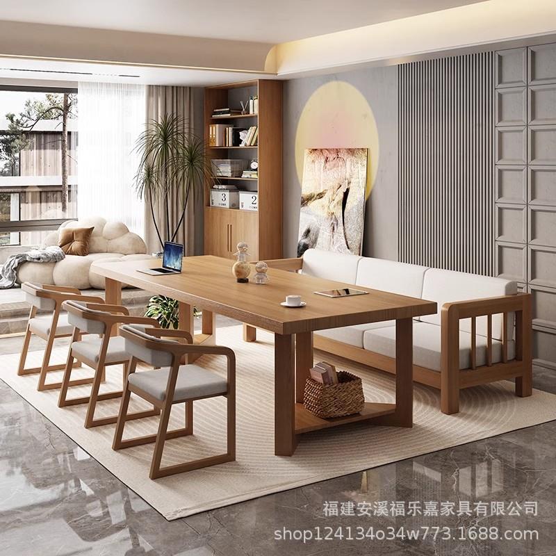北欧创意实木长桌家用实木书桌书架现代简约办公一体学习写字桌