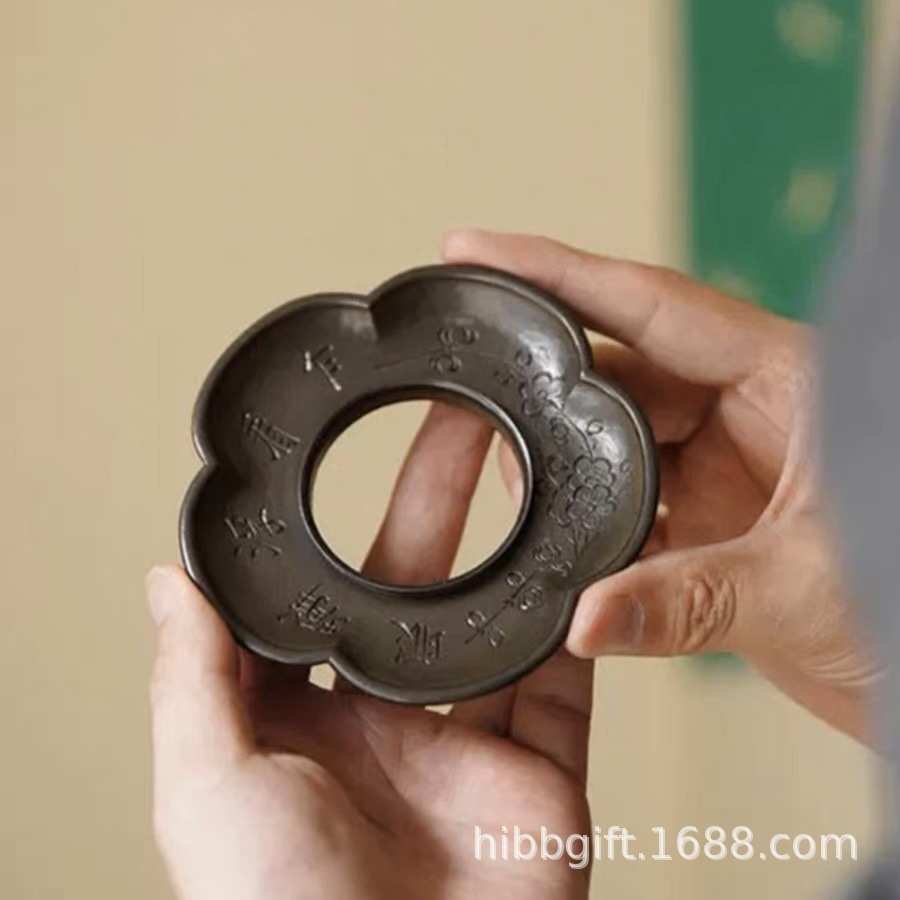 乾茂号造手工刻梅花诗文古锡盖碗托底茶杯托壶承古锡制器中式复古