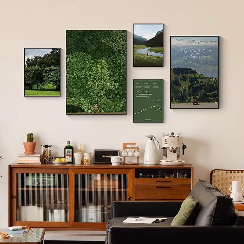 北欧风客厅装饰画摄影风景小众组合壁画绿色复古风沙发背景墙挂画