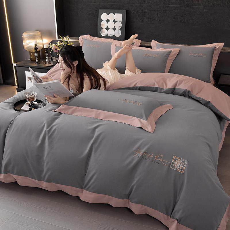 高端超柔加厚全棉纯棉四件式长绒棉被套床单轻奢简约纯色床上用品