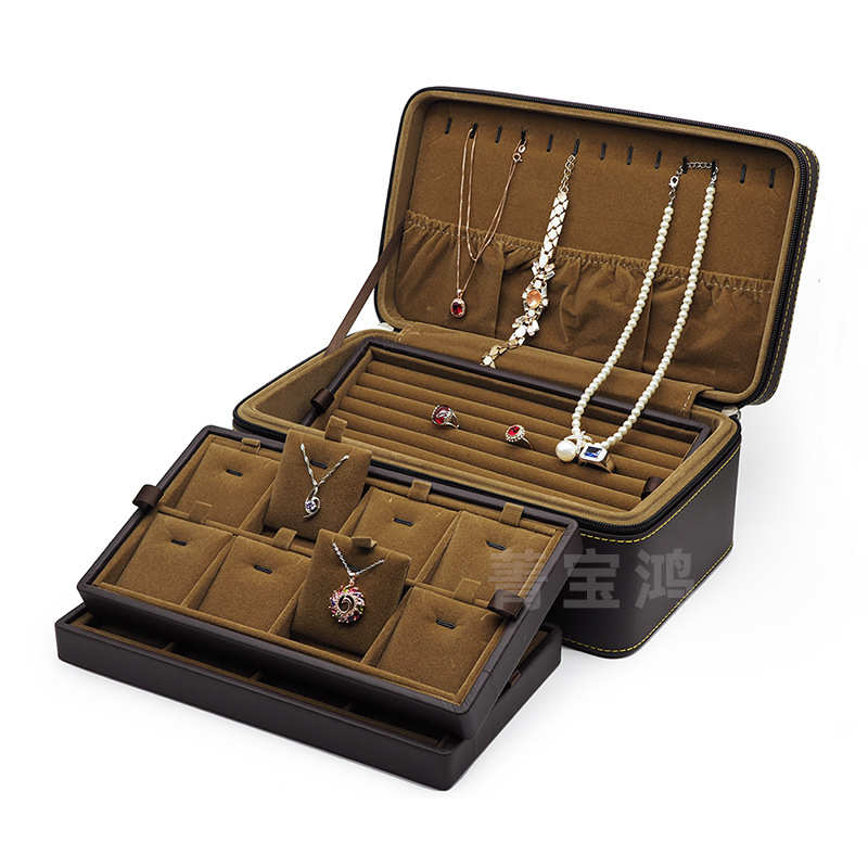 三层首饰收纳箱便携首饰盒收纳包旅行pu皮手提珠宝首饰箱批发定