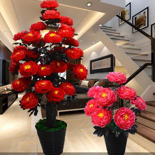 9头模拟牡丹花客厅落地式塑料花盆假花婚礼房间婚礼佛台装饰花树