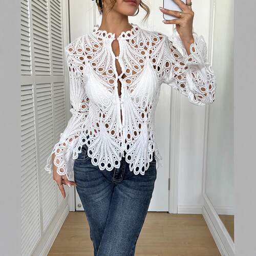 Women's Plain Hollow Out Flounce Sleeve Button Blouse