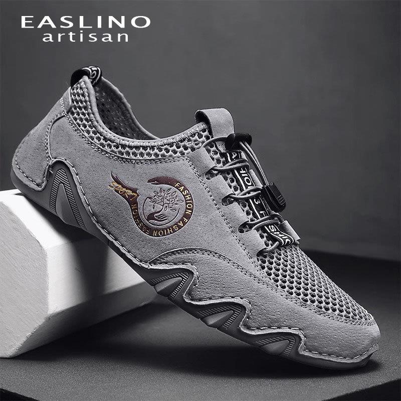 EASLINO 一脚蹬真皮夏季休闲网鞋男运动百搭透气镂空豆豆鞋凉鞋潮