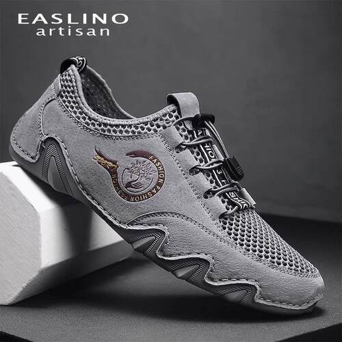 EASLINO 一脚蹬真皮夏季休闲网鞋男运动百搭透气镂空豆豆鞋凉鞋潮