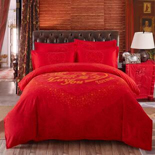 高档婚庆上用红品床被套四件套单大色结婚1.8床m米新婚四件套大红
