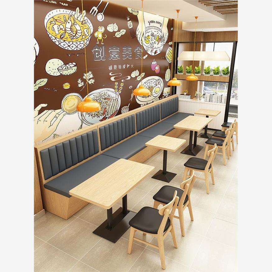 时尚简约咖啡厅西餐厅靠墙卡座沙发韩式料理小吃店实木桌椅组