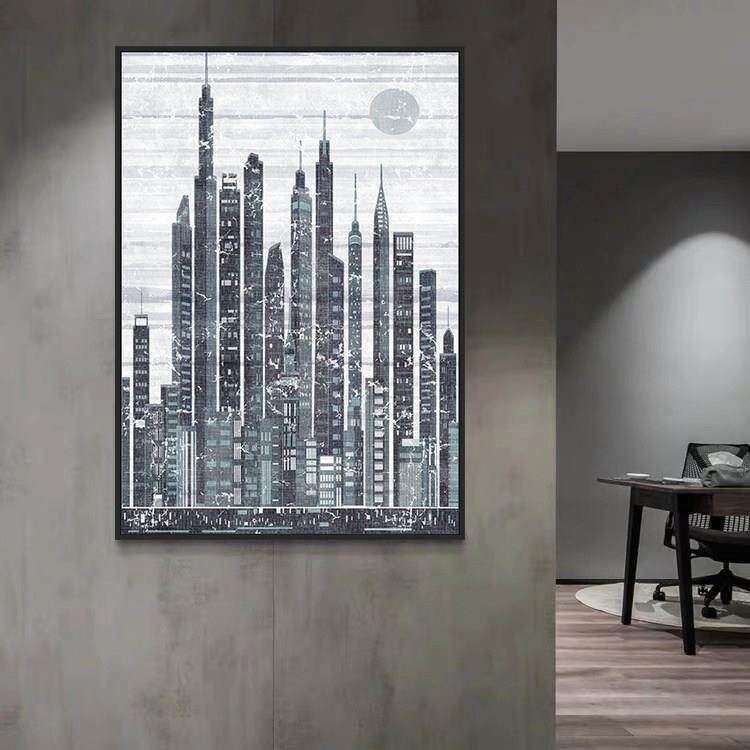 客厅黑白抽象建筑挂画家居艺术玄关装饰画覆古竖式酒店走廊墙画