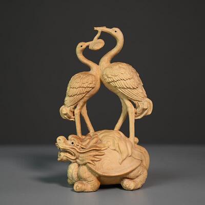 小叶黄杨木雕刻龟鹤遐?摆件家居玄关摆件办公桌面摆件木质工艺品