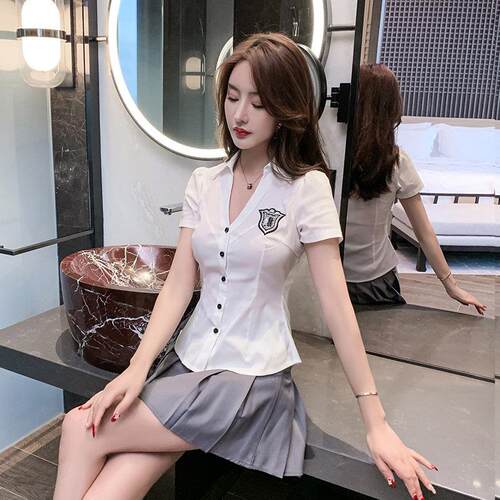 足浴技师工作服女新款足疗套装女气质显瘦性感夜场制服衬衫百褶裙