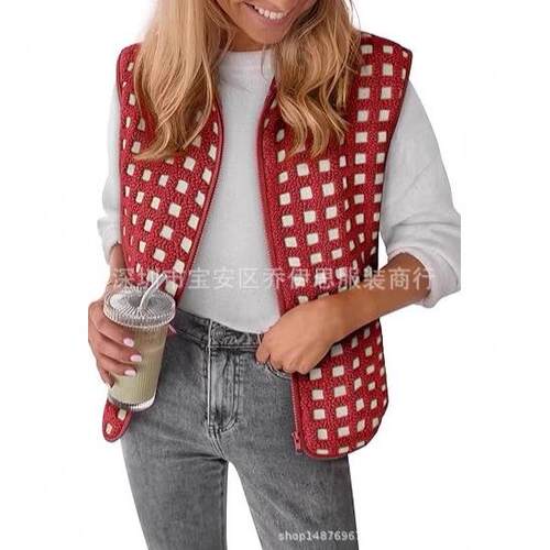 Checkered vest, vest, pocket, zipper jacket for women