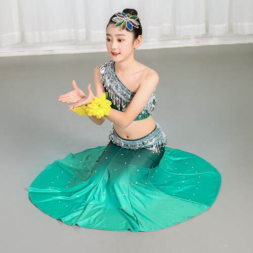 正品新款儿童傣族尾舞蹈优演出服女童傣臀族孔雀舞包鱼裙少儿质表