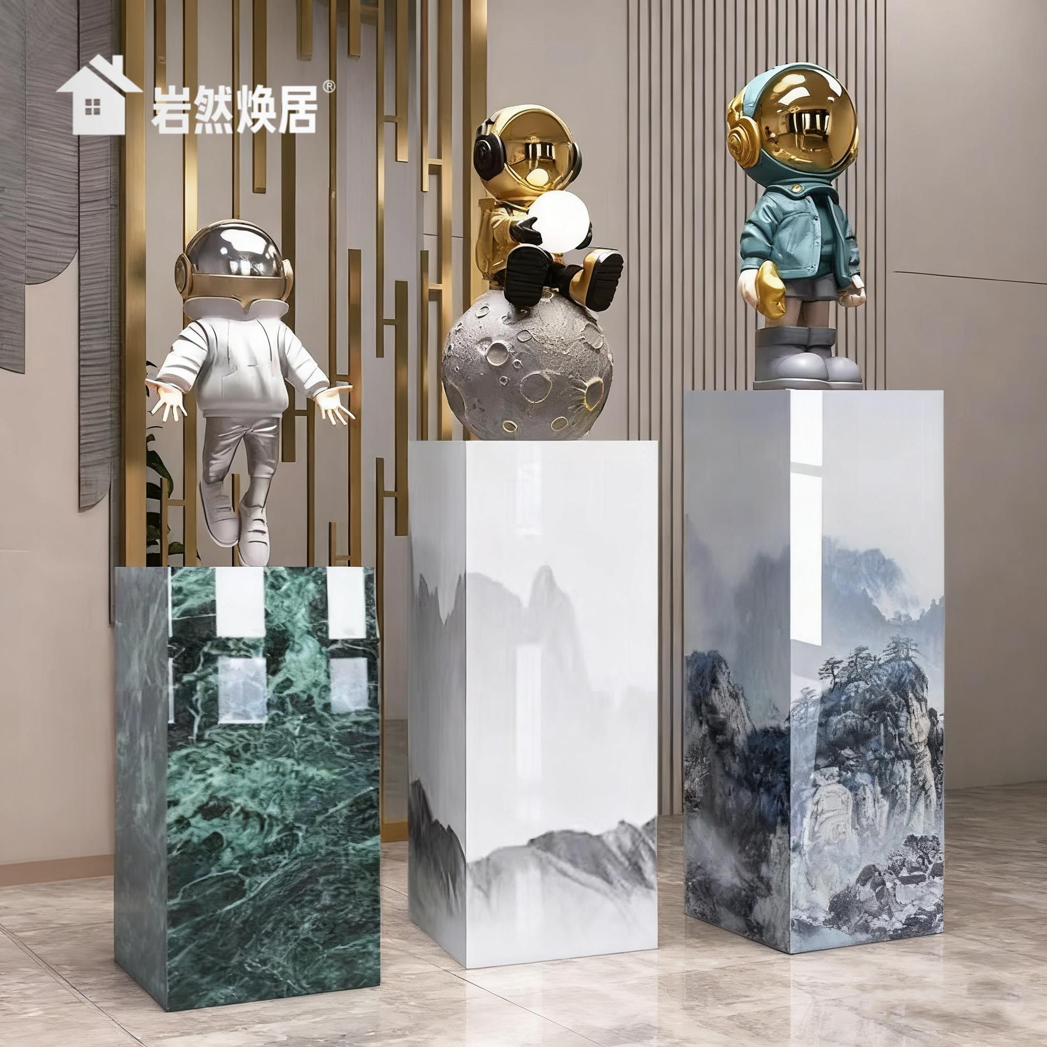 新中式岩板花架客厅落地实木花几家用阳台大理石盆景置物架