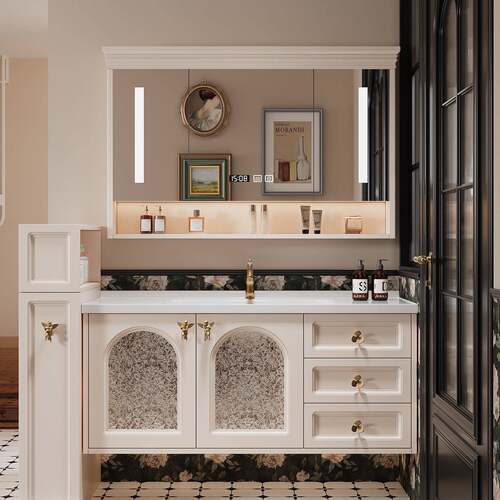 橡木法式复古陶瓷一体盆浴室柜组合卫生间洗漱台洗手盆智能镜柜