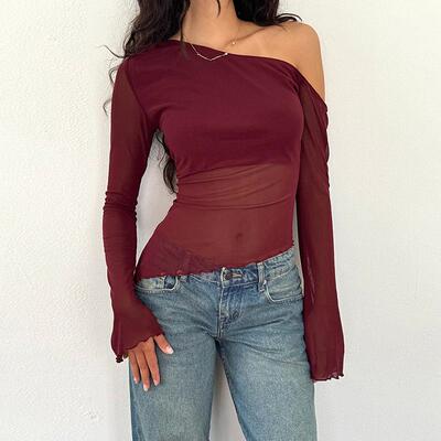 Women's Plain Slim Asymmetrical Neck Flounce Sleeve Tee Top