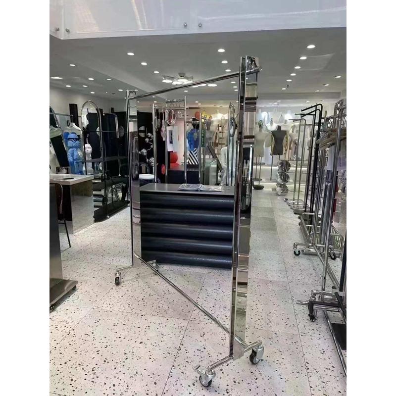 买手店移动货架镜面不锈钢落地架男女服装店展示架陈列移动挂衣架