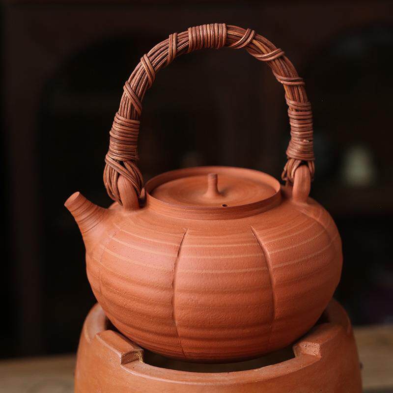 潮汕工夫茶单丛 提梁薄胎砂铫 藤编把手烧水壶炭炉茶炉潮州红泥壶