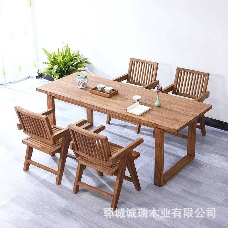 家用客厅吃饭餐桌长方形拼花大板桌老榆木板凳实木茶桌椅家具组合