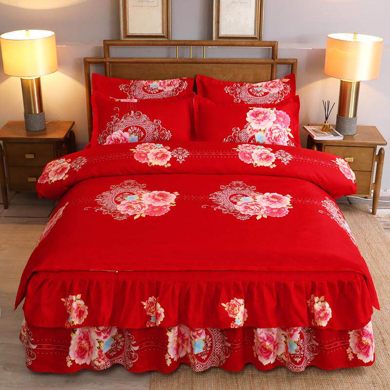 高档大红婚四件结套婚红色品床上用色女庆方床裙床罩婚嫁婚床床单,床上用品,婚庆床品套件,淘宝优惠券,粉丝福利购,淘宝优惠卷