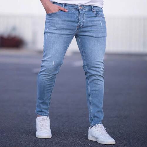 Men's jeans with small feet worn out denim pants