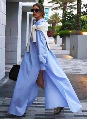 Lazy shirt, long skirt, lapel, slit dress for women