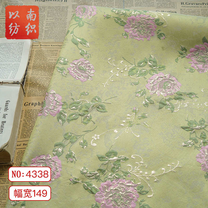 复古黄绿金丝童装浮雕花朵色织布气质马甲中式连衣裙提花装饰面料
