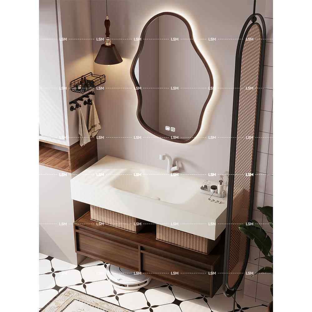 定制可丽耐一体盆中古风浴室柜组合岩板热弯一体洗手盆卫生间台盆