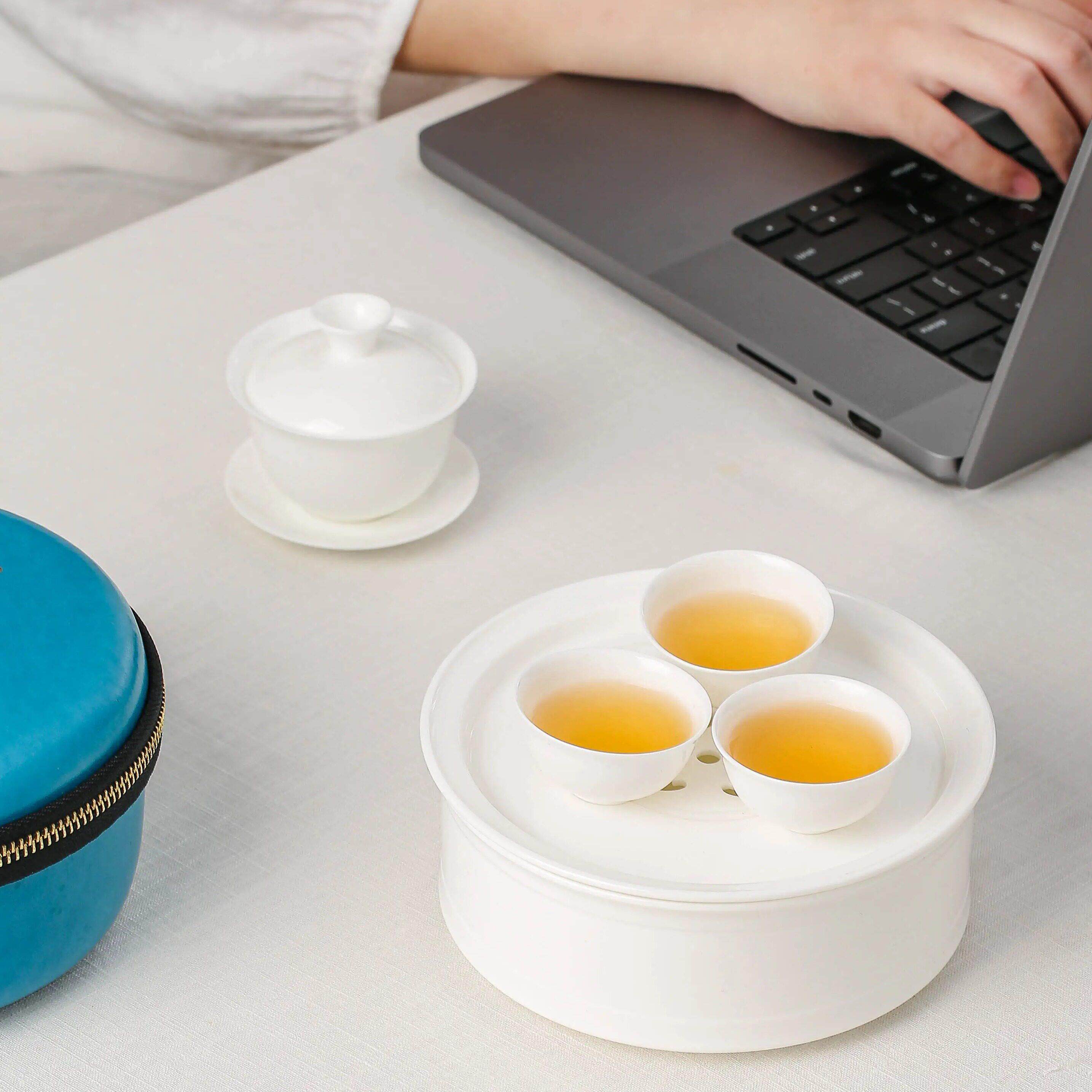 薄胎骨瓷茶具户外旅行便携冲茶器 潮汕工夫茶具 3寸盖碗配6寸茶盘