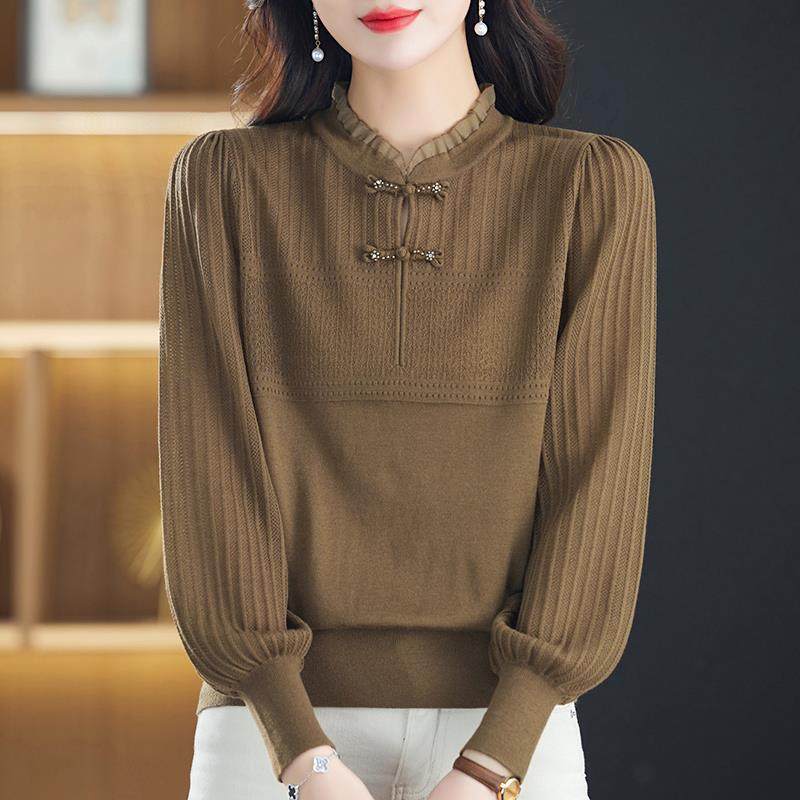 羊毛衫女中式盘扣薄款针织上衣宽松大码胖MM洋气小衫春秋打底毛衣