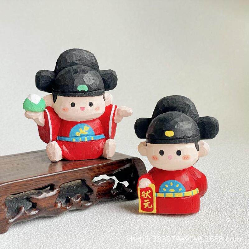 木小小手工木雕小状元Q版学生吉祥物桌面摆件车创意可爱书桌摆件