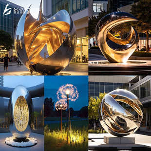 大型不锈钢雕塑镜面圆环浪花鹿水景抽象地标性亮化景观不锈钢雕塑