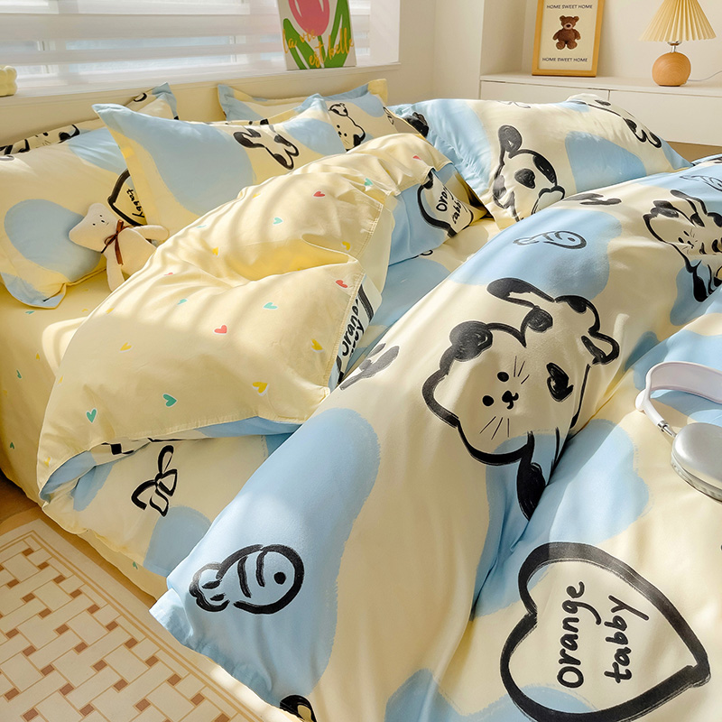 ins风床单四件套水洗棉被套卡通被罩单人学生宿舍床上三件套床品4