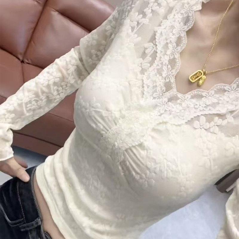 SPYB法式V领蕾丝打底衫长袖T恤女2026年春秋新款修身显瘦磨毛上衣