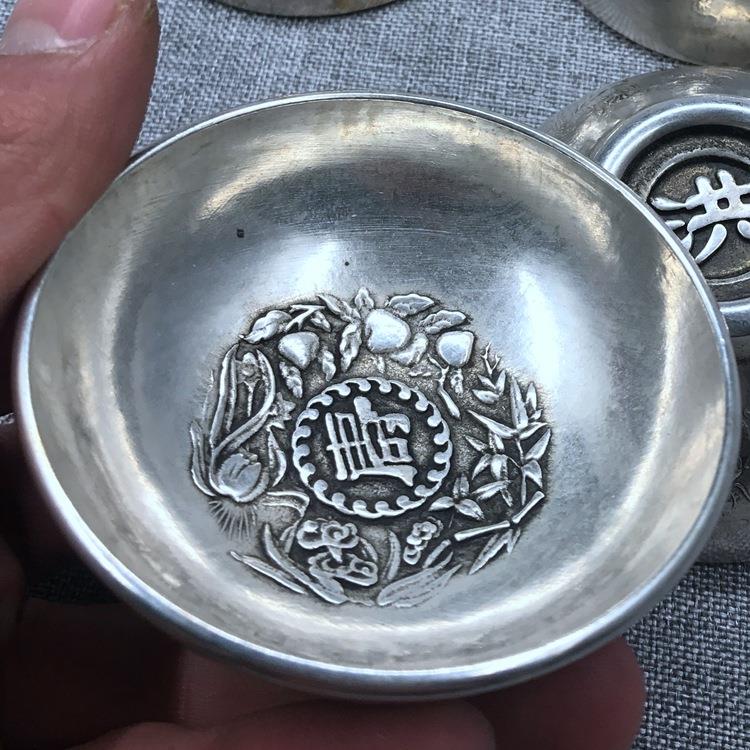 仿古银器铜器镀银银碗银杯福禄寿喜洪字底中号镀银杯四个一套