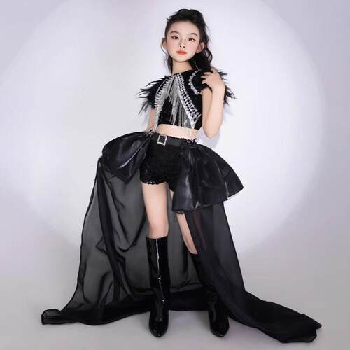 女童黑色亮片T台走秀服大玩家潮服拖尾儿童模特PK赛服疾风运动酷8