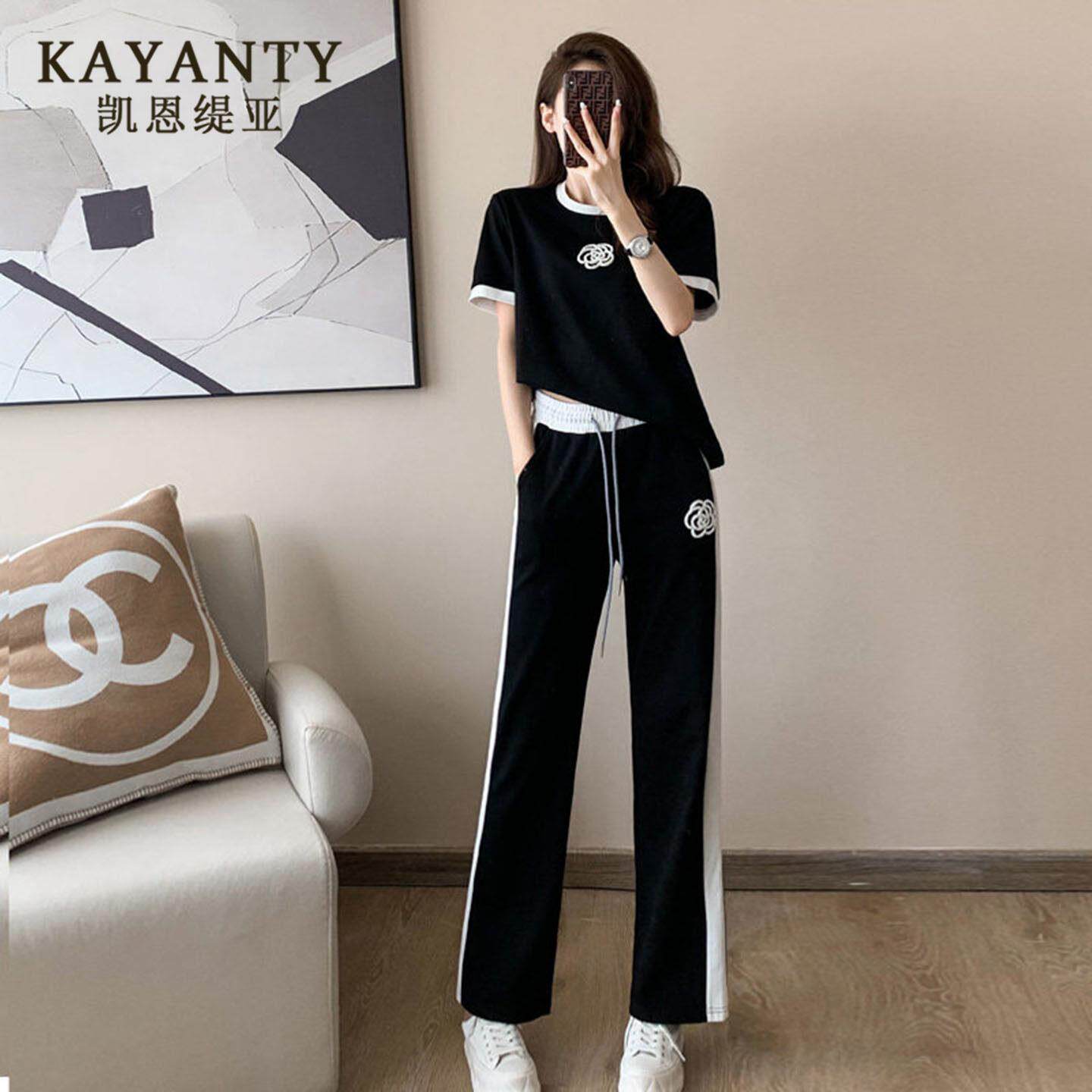 KAYANTY运动休闲套装女夏2026新款时尚洋气黑色显瘦阔腿裤两件套