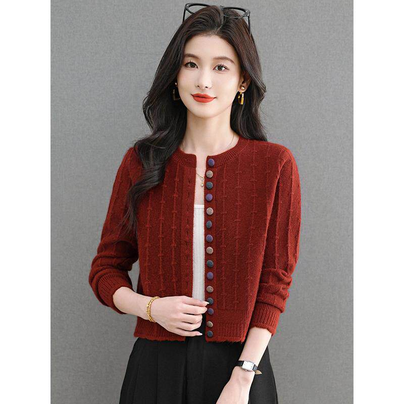 秋冬时尚小个子毛衣女短款宽松针织开衫安哥拉红上衣配裙子的外套