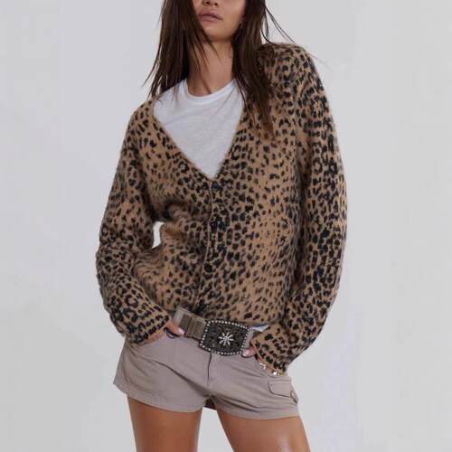 V-neck Leopard Wool-Blend Casual Cardigan
