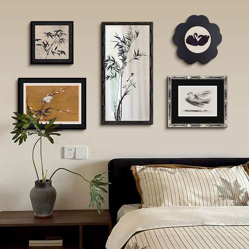 墨竹镜子装饰画法式中国风客厅组合挂画中古花鸟书房镜面挂画A319