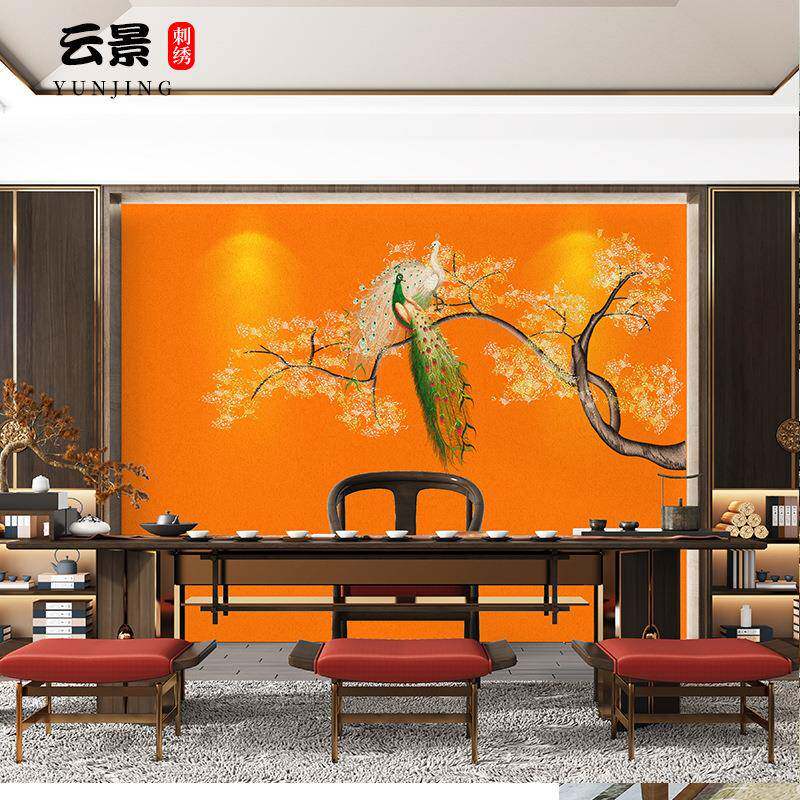 独绣背景墙布花鸟孔雀新中式客厅卧室电视沙发背景布刺绣壁布网红